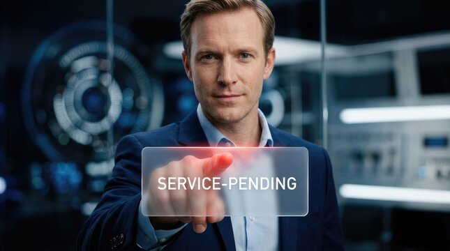 Businessman in suit interacts with virtual service pending interface in modern lab