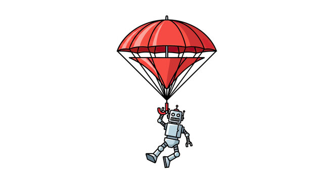 Adventurous silver robot skydiving with a red parachute.