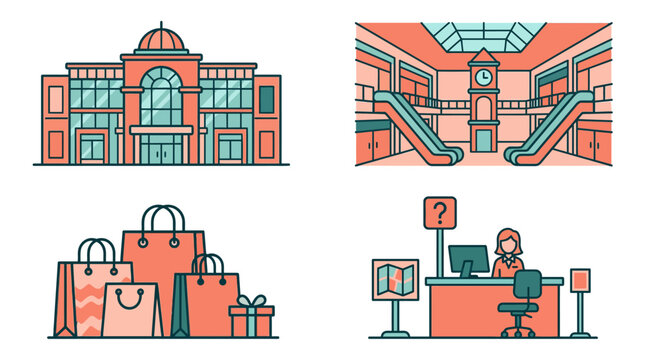 Vector illustrations of shopping mall elements and services