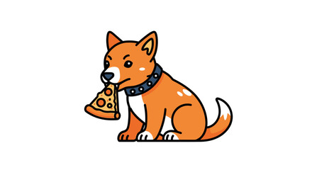 Fototapeta premium Cute orange dog sitting and eating a slice of pizza.