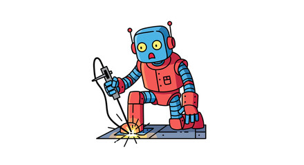 Fototapeta premium Cute red and blue robot character welding a metal floor.