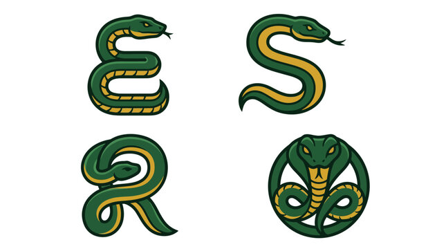 Four green snake logos shaped like letters on a white background