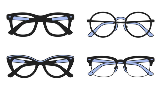 Four different styles of black eyeglasses on a white background