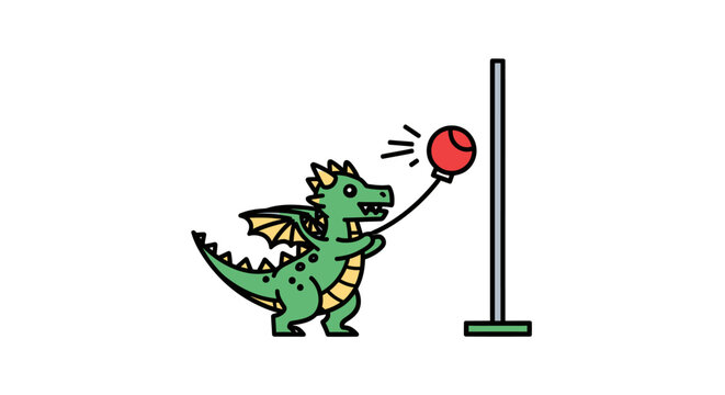 Green dragon playing tetherball with a red ball.