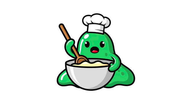 Green slime monster chef cooking illustration.