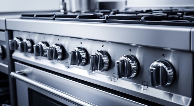 Close-up of stainless steel gas stove control knobs in modern kitchen
