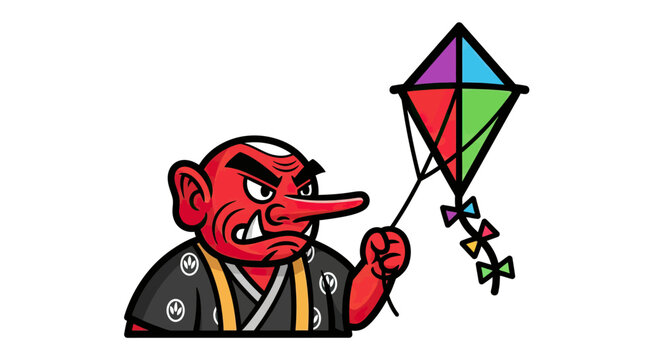 Japanese red tengu mascot flying a colorful kite.