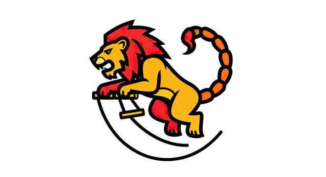 Mythical manticore beast sliding down a curved black line.