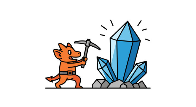 Orange kobold miner character mining blue glowing crystals.