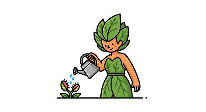 Nature spirit watering a small Venus flytrap plant.