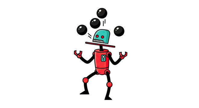 Slender robot juggling black balls on white background