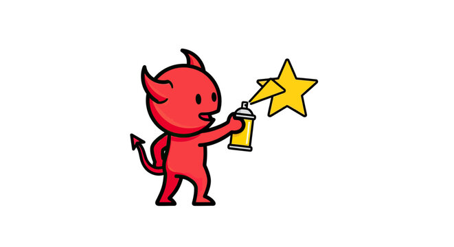 Small red devil mascot spray painting a yellow star.