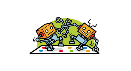 Fototapeta premium Two robots playing a colorful dot mat game.