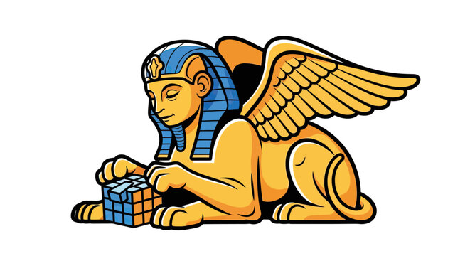 Winged sphinx solving puzzle cube illustration.