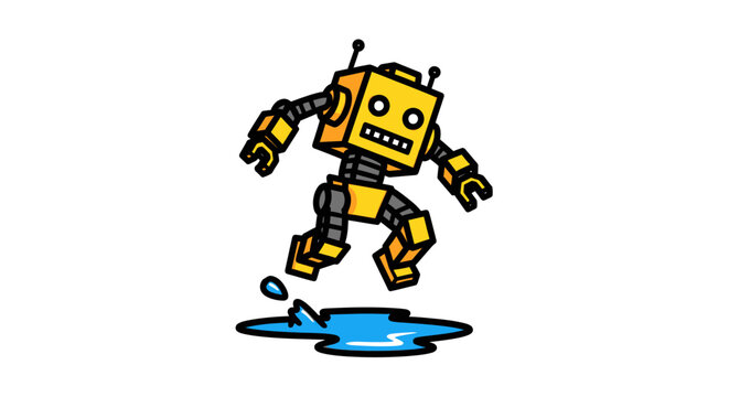 Yellow robot jumping into a blue water puddle