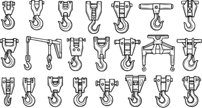 Construction and Industrial Crane Hooks Line Art Set. Hand-Drawn Black and White Collection of Lifting Equipment for Heavy Machinery  Logistics