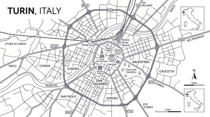 Turin italy city map with streets districts and major landmarks © love