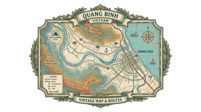 Vintage topographical map of quang binh vietnam with travel routes