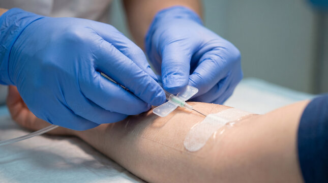 Close up of a healthcare professional wearing blue gloves inserting an intravenous catheter into a patient's arm for medical treatment