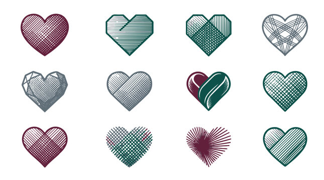 Hearts Collection with Sketch and Cross Hatch Patterns for Romantic Designs