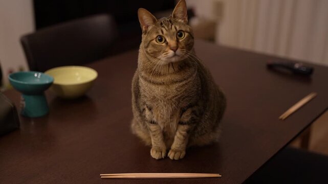 テーブルでごはんを待つキジトラ猫