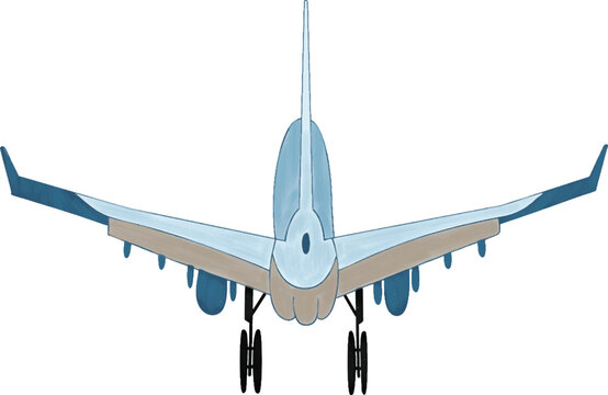 Commercial Passenger Airplane Front View Flying Travel Transportation Wide Body Airliner Landing Gear Down Realistic Detailed Illustration for Travel Tourism Holiday Vacation Concept