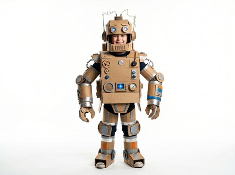 Child in Cardboard Robot Costume: A young child stands proudly in a creative, homemade cardboard robot costume, showcasing imagination and playful innovation.