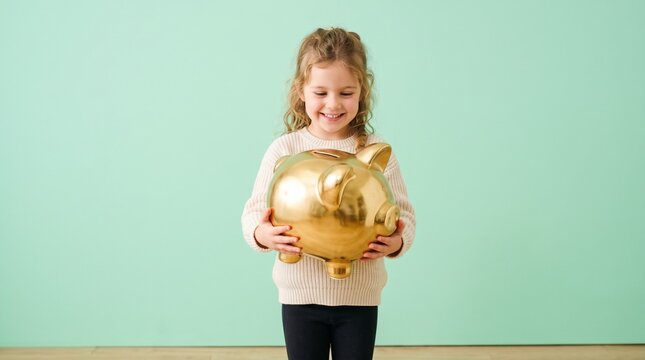 Golden Piggy Bank Dreams: A happy young girl proudly holds a large, gleaming golden piggy bank, symbolizing saving and future financial security. She looks down at the piggy bank with a smile.