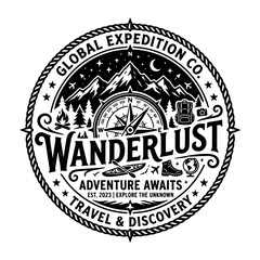 Fototapeta premium Vintage Wanderlust Compass Badge with Mountains and Expedition Elements