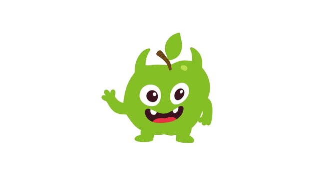 Cute apple monster character waving hand on a white background