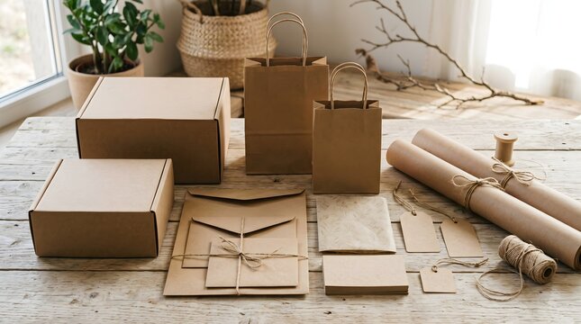 Eco Friendly Branding Identity Mockup Set with Kraft Boxes, Paper Bags, Tied Envelopes, business Cards, and Tags on Wood Background
