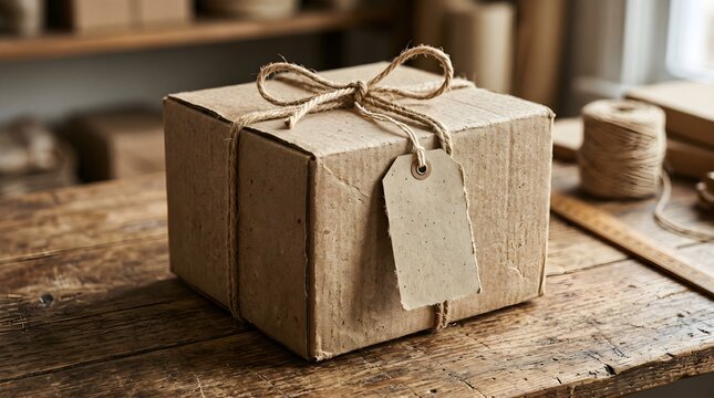 Vintage Style Parcel Gift Box Mockup Tied with Jute Twine Bow and Blank Craft Paper Hanging Tag on Rustic Wooden Counter