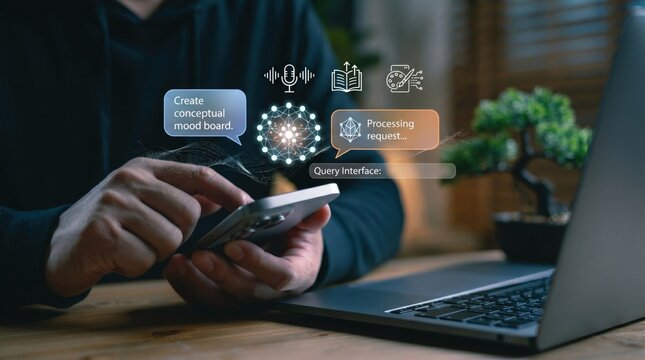 User creating conceptual mood board using AI assistant on smartphone, generative artificial intelligence interface, creative workflow