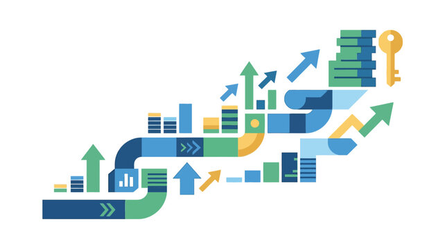 Flat vector illustration of business growth data flow featuring upward arrows, bar charts, and winding pipes leading to a golden key icon on a white background for financial success.