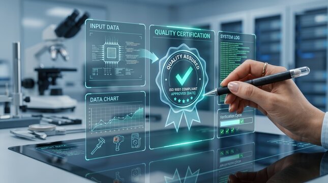 Hand signing digital quality certification on futuristic interface, ISO 9001 compliant approval in modern laboratory setting with data analysis and input charts
