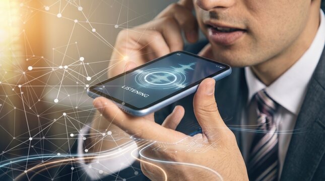 Close up of man speaking into smartphone with voice assistant listening mode, digital network connection, communication, virtual helper and smart device usage