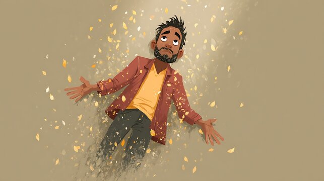 Small steps big success story young man with beard lying on ground surrounded by falling golden autumn leaves looking upwards