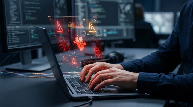Especialista em inform&aacute;tica a tentar resolver falha de seguran&ccedil;a cibern&eacute;tica e escudo partido por ataque de v&iacute;rus e malware no servidor