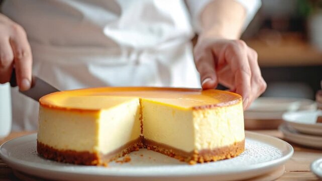 Chef's hands slicing a creamy homemade cheesecake dessert