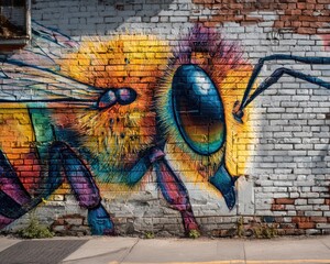 Fototapeta premium A colorful mural of a bee painted on a brick wall in a city, street art style, with a real bee landing near the painted eye, urban nature fusion, daylight