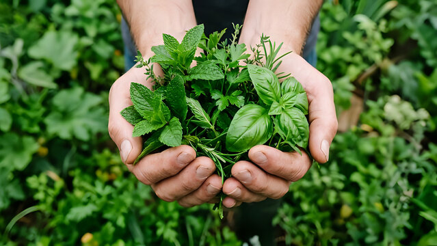 Closeup of a person holding a fresh bunch of aromatic herbs in their hands in a garden