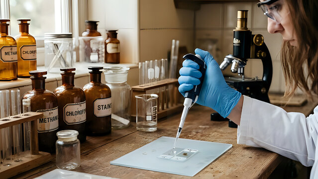 Scientist using a micropipette to place a sample on a microscope slide in a laboratory setting with chemical bottles and equipment