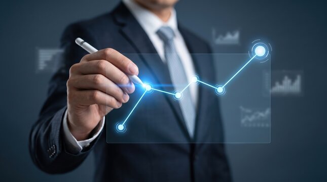 Businessman drawing growth chart on hologram for financial analytics strategy planning and corporate performance visualization in professional business environment for executive