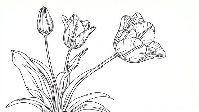 A simple black and white line drawing of three blooming spring flowers