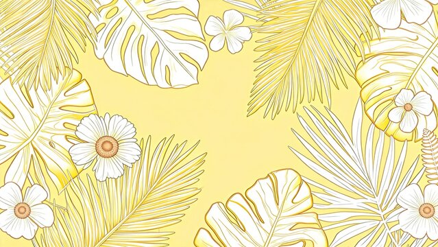 Fresh hand-drawn tropical plant border with monstera and palm leaves illustration for summer and nature-themed design