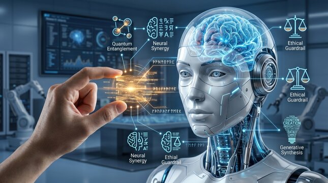 Futuristic AI robot head with glowing brain, human hand interacting with quantum entanglement and ethical guardrail holograms, neural synergy concept