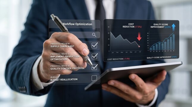 Businessman using digital tablet for workflow optimization, analyzing cost reduction and quality score charts on holographic interface with checklist.