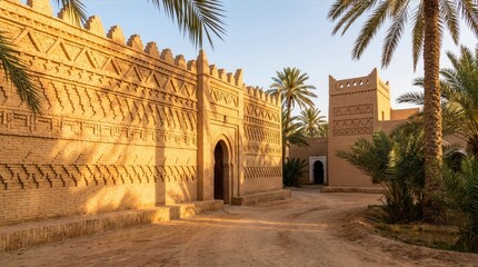 Naklejka premium Traditional Earthen Fortress Walls with Palm Trees in a Tunisian Desert Heritage Setting