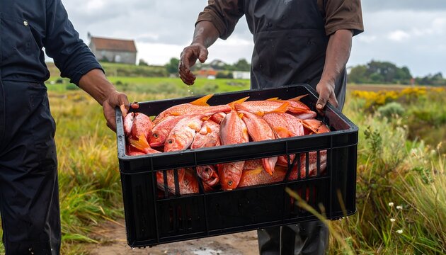 Two individuals carefully transport a filled crate of freshly caught red fish across a grassy field under a cloudy sky