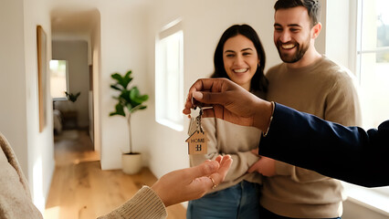 Fototapeta premium A real estate agent handing over the keys to a new home to a happy young couple in their new house